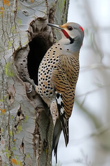 Northern Flicker Woodpecker Peeking from Tree Hollow