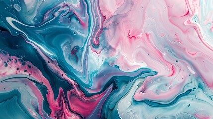 Abstract background with pink and blue swirls of liquid paint. Pastel colored fluid art painting. Modern wallpaper for interior design, decoration, and poster print. Trendy fashion illustration - obrazy, fototapety, plakaty