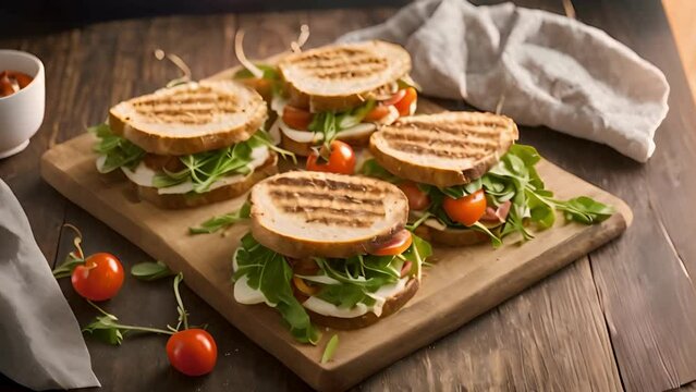 Top View of Grilled Bacon and Mozzarella Sandwiches with Arugula and Cherry Tomato Salad