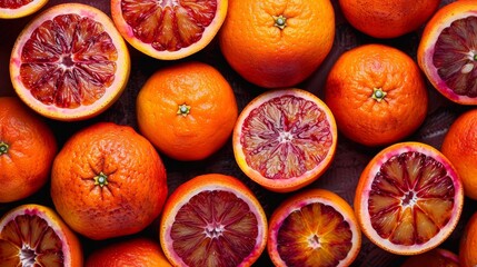 Artful array of blood oranges, contrasting whole fruits with juicy halved sections