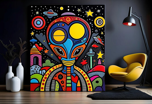 A vibrant modern artwork of an alien in a modern room
