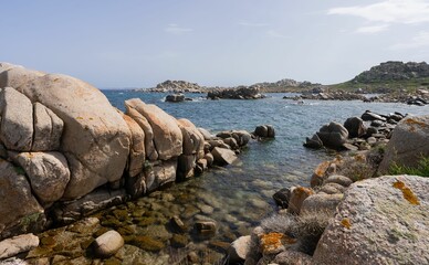Coastal rocks against the background of the blue sky. South Corsica, Bonifacio, France.