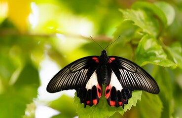 Beautiful view of a Scarlet mormon butterfly in the garden - obrazy, fototapety, plakaty