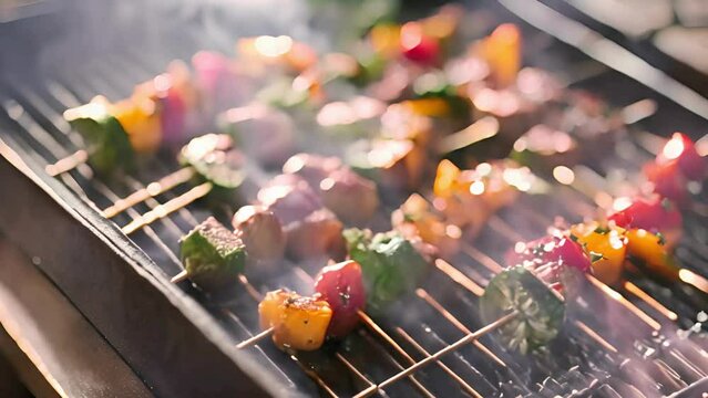 Top View of Herb-Marinated Skewers with Grilled Vegetables and Meat on a Grill Pan