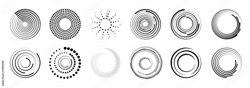 Wall mural halftone circular dotted frames set. set of black thick halftone dotted speed lines. speed lines in 