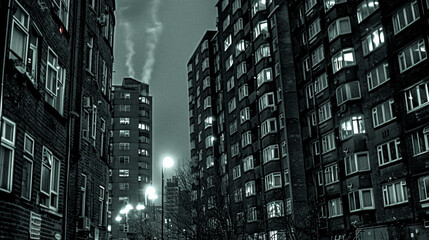 A dark city street with tall buildings and a few lights. Scene is eerie and mysterious