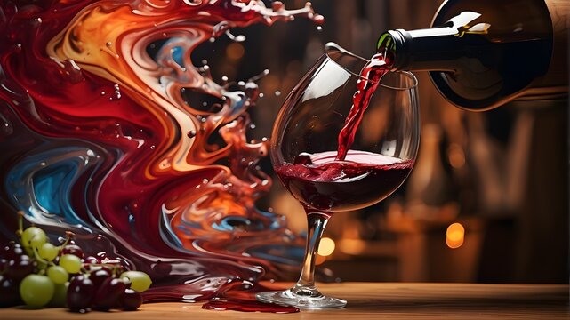 A glass of red wine being poured against a backdrop of swirling colors -ar3:2