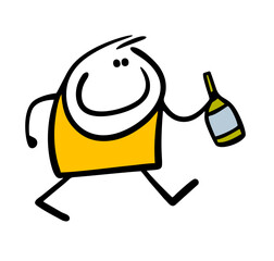 Man with a bottle is going to a party. Vector illustration of a cartoon stickman carrying champagne, holiday and alcoholic beverages. Drink red wine. Isolated cartoon character on white background.