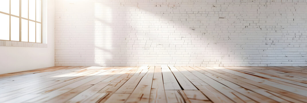 An empty room with hardwood flooring and a white brick wall, creating a minimalist and sleek aesthetic in the building