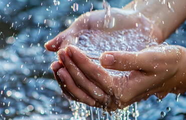 A closeup of hands washing with water, symbolizing the importance and social impact of fresh...
