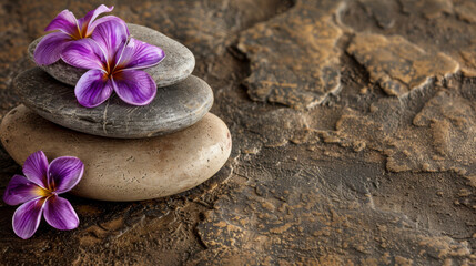 Fototapeta na wymiar A purple flower is on top of a stack of rocks. Concept of calm and relaxation, as the flowers and rocks are arranged in a way that suggests a peaceful setting. The combination of the natural elements