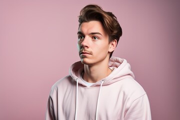 Obraz premium A young man in a pink hoodie is looking at the camera