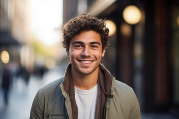 A young man with curly hair is smiling and wearing a green jacket