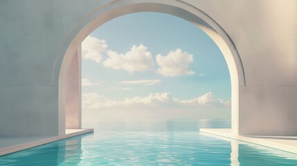 The scene is abstract with geometric forms, an arch with a swimming pool in natural daylight, and a minimal 3D landscape background in natural surroundings.
