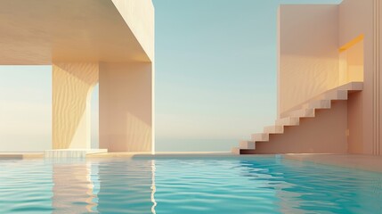 This abstract landscape features geometrical forms in natural daylight and a swimming pool with a minimal background.