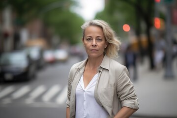Fototapeta premium A woman stands on a street corner with her arms crossed