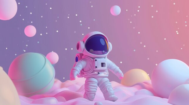 Minimalist D render of a tiny astronaut in a whimsical space setting   AI generated illustration