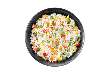 White rice with vegetables in a black bowl isolated on white background - 781977500