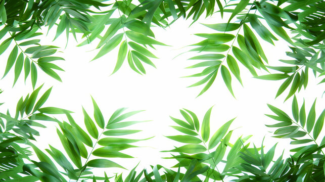 A leafy green background with a few leaves in the foreground. The leaves are green and appear to be in a forest