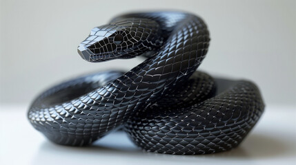 A black snake with a long body and a black head. The snake is curled up and he is resting