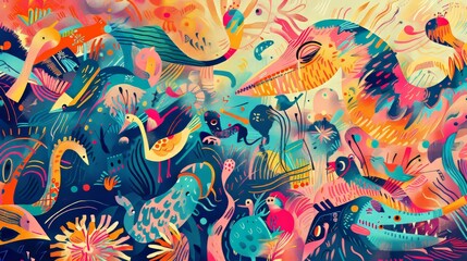 Playful animals and abstract shapes in a psychedelic setting   AI generated illustration
