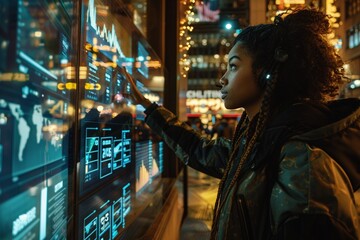 woman pointing to a computer screen at night on the sidewalk
