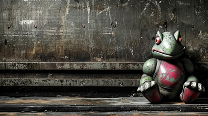 A frog is sitting on a wall. The frog is green and red. The wall is dirty and has rust - obrazy, fototapety, plakaty