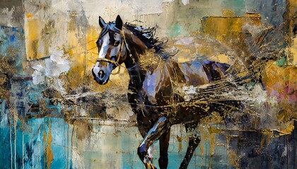 painting of modern abstract art, with metal elements, texture background, and animals and horses:  - obrazy, fototapety, plakaty
