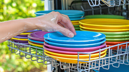 A person is washing a pile of colorful plates in a dishwasher. The plates are of various colors and sizes, and the person is using their hands to clean them. Concept of warmth and care