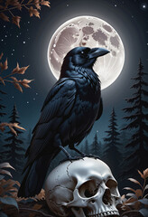Fototapeta premium crow on skull black forest backgrpind