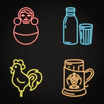 USSR symbols neon icon set. Faceted glass in a holder, tumbler toy, milk bottle and cockerel lollipop. Vector illustration.