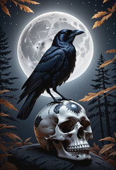 Obraz premium crow on skull black forest backgrpind