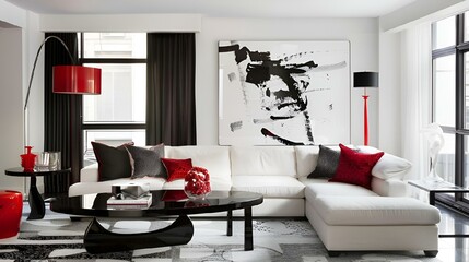 a room is shown with a large picture and a black coffee table