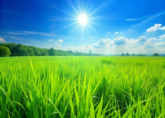 Fototapeta na wymiar Lush grass covers the landscape under a bright sunny sky