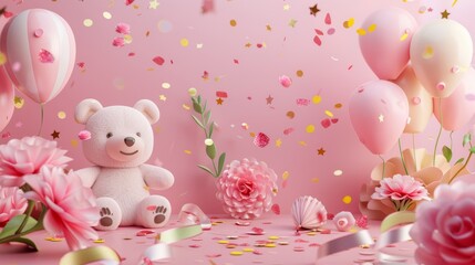 A 3D illustration of a birthday banner with flowers, a bear, and confetti on a pink background.