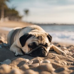 AI generated illustration of A dog relaxing on the sandy beach by the sea