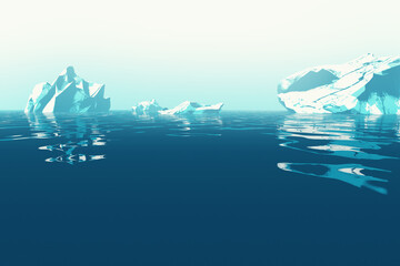 landscape with icebergs in water, minimal 3d illustration - 781979381