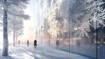 AI generated illustration of people strolling on snowy sidewalks at sunset - obrazy, fototapety, plakaty