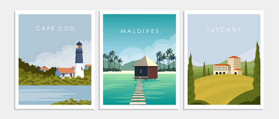 Collection of travel posters for the wall, postcards, banners