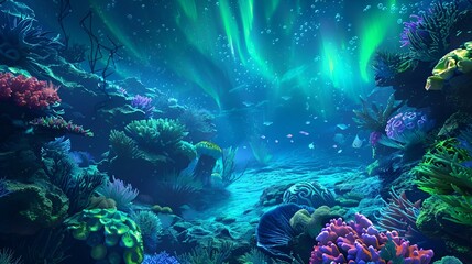Fototapeta na wymiar AI generated illustration of vibrant marine life and stunning light in ocean depths
