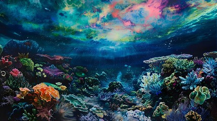 AI generated illustration of coral reef with colorful fish swimming under a wave in the ocean