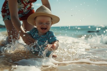 A happy baby boy wearing swimming trunks and sun hat is being held by his mother at the beach, he has just splashed in the water for the first time, with a joyful expression on his face