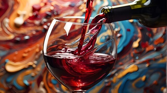 A glass of red wine being poured against a backdrop of swirling colors -ar3:2
