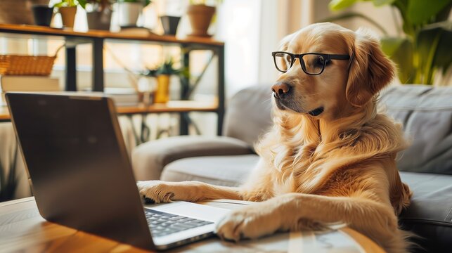 Dog with glasses working with laptop