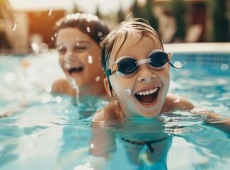 photo of three happy kids in a colorful inflatable swimming ring, wearing diving goggles and floating on the water at a summer pool party, looking into the camera, close up portrait shot