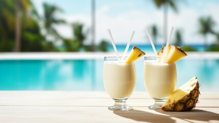 two glasses with pina colada cocktail on the background of a swimming pool, the concept of summer holidays and relaxation
