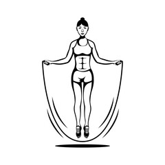 Jumping rope icon. Young fitness girl jumping rope. Healthy lifestyle. Beautiful female athlete. Slim body. Vector character. Illustration flat design. Active sports cardio exercises.