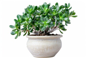 Fototapeta premium Jade plant (Crassula ovata) in Flowerpot Closeup, Crassula Macro House Plant in Flowerpot on Blurred Background