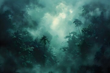 Mystic Forest Canopy Shrouded in Mist. Concept Enchanted Forest, Magic Mist, Tranquil Nature, Swaying Trees