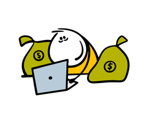 Successful businessman earns money on the Internet. Vector illustration of a man at a computer, bags of cash and bitcoin on a table. Cyber currency. Isolated cartoon character on white background.